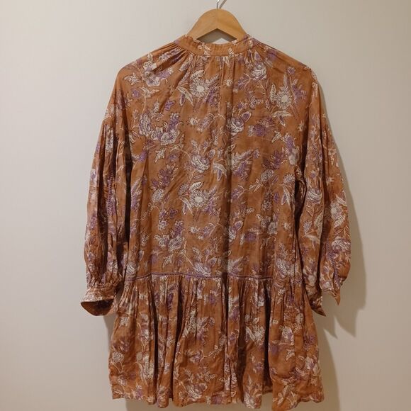 Marea By Liz Joy Brown Floral Cotton Long Sleeve Mini Dress Size XS/S Boho Fall - Picture 5 of 8